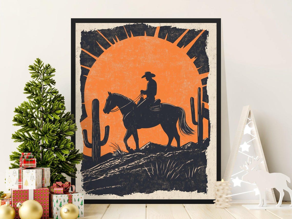 Cowboy on Horse Orange Sunburst Cactus Desert Linocut Style Art Print