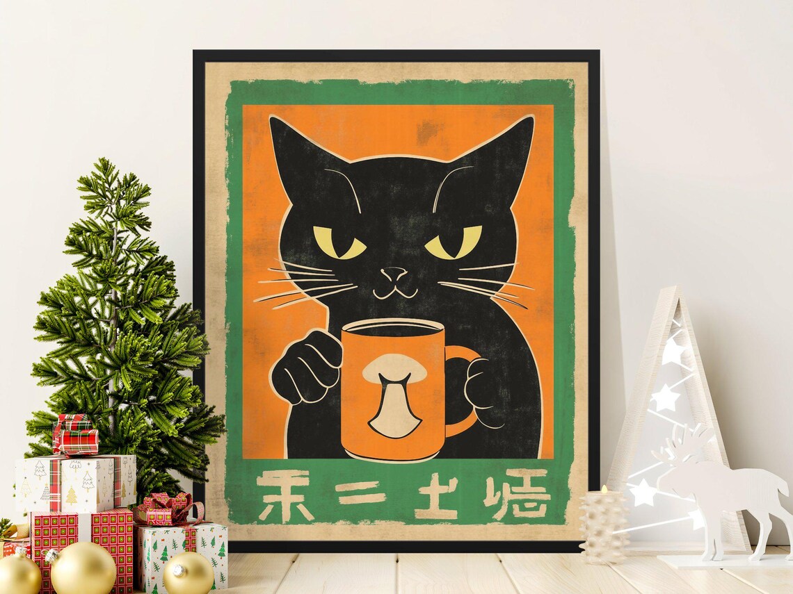 Grumpy Black Cat Holding Coffee Mug Vintage Japanese Style Cat Lover Poster - Image 2