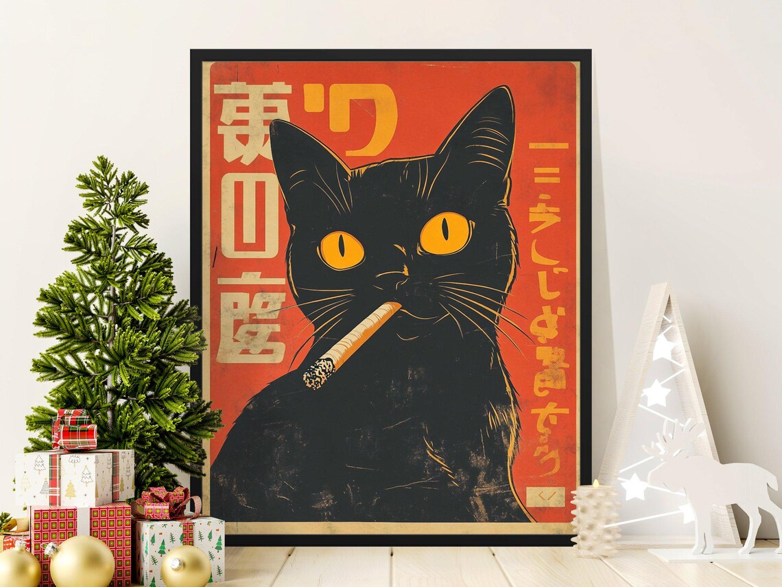Cool Black Cat Smoking Cigarette Retro Japanese Vintage Art Poster
