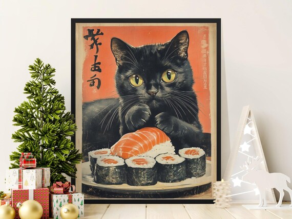 Black Cat Eating Sushi Rolls Salmon Nigiri Japanese Food Poster