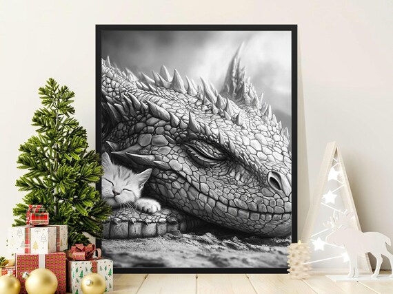 Sleeping Dragon And Kitten Black White Fantasy Whimsical Wildlife Poster