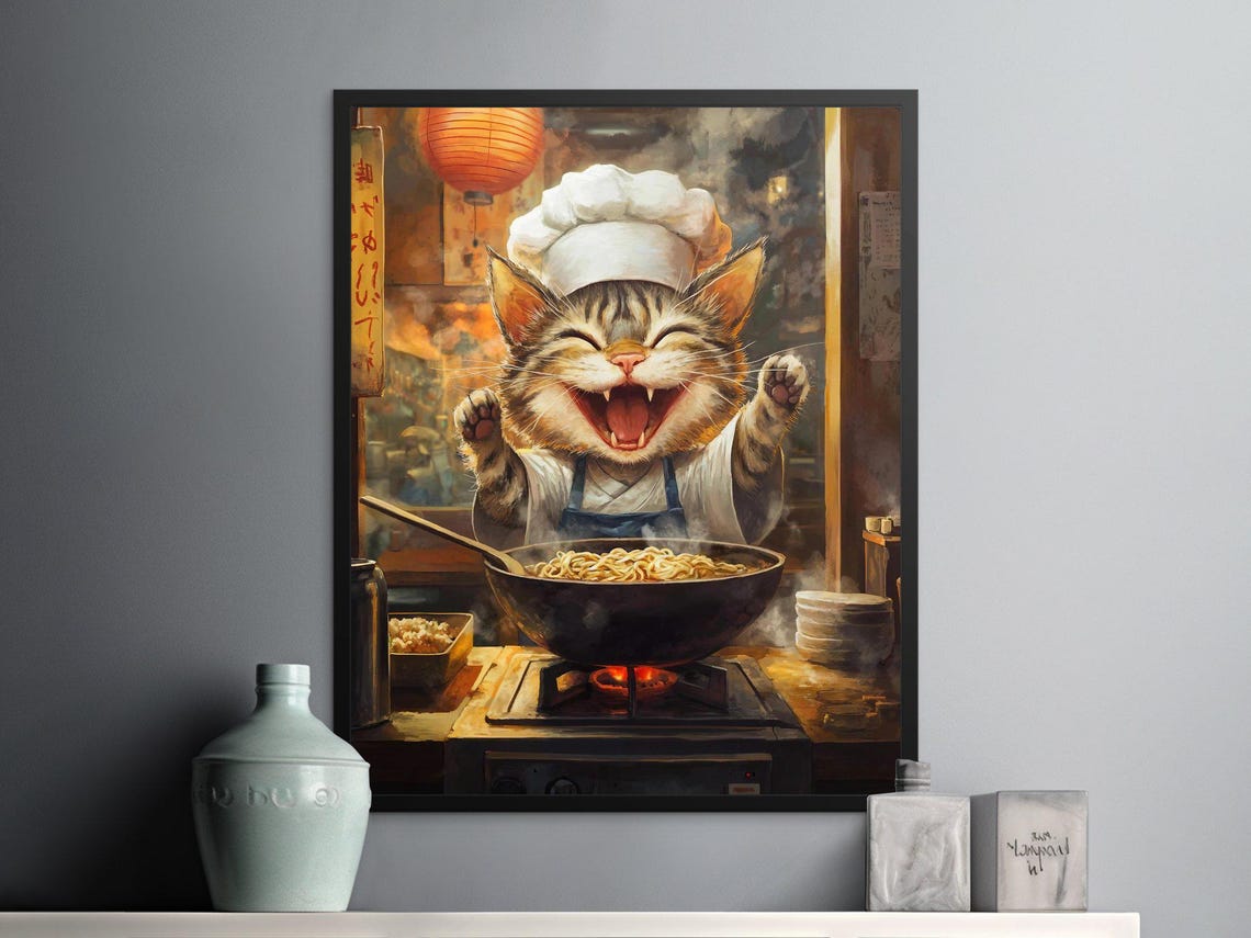 Joyful Tabby Cat Chef Cooking Noodles In Wok Restaurant Poster - Image 2