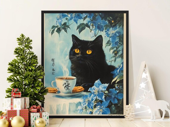 Black Cat With Teacup Cookies And Blue Flowers Vintage Poster