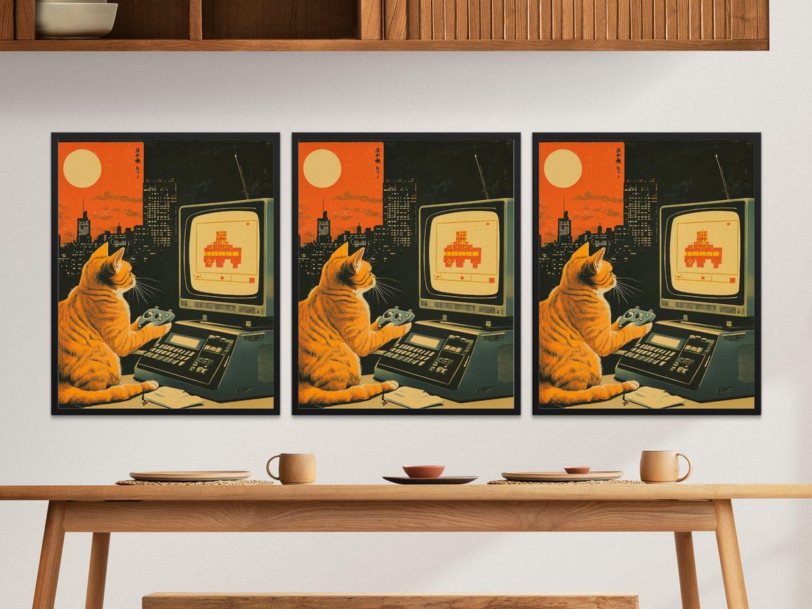 Cat Playing Retro Video Game CRT Computer Sunset Cityscape Wall Art - Image 2