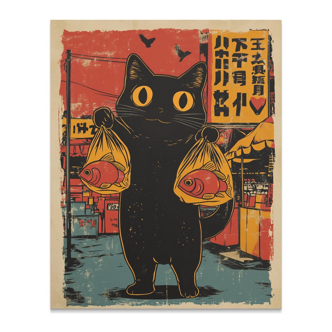 Black Cat Carrying Fish Bags At Japanese Market Sunset Retro Poster - Image 2
