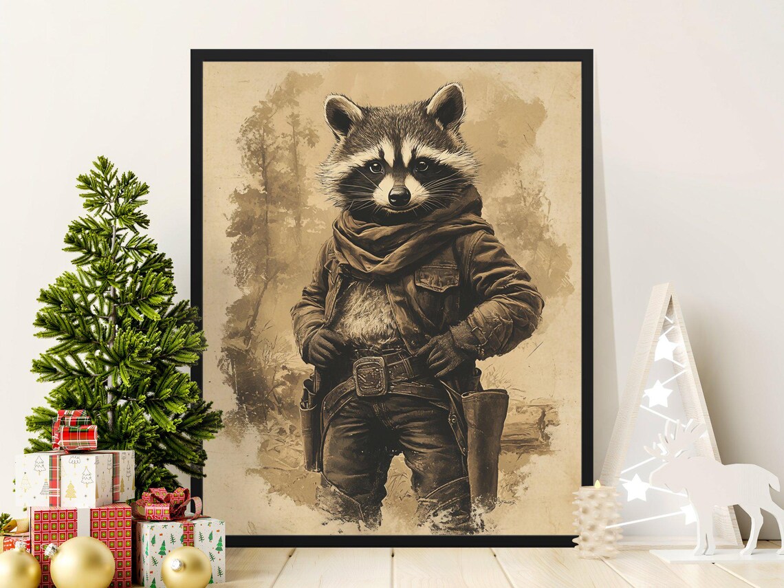 Raccoon Cowboy With Gun Belt Vintage Western Animal Character Poster