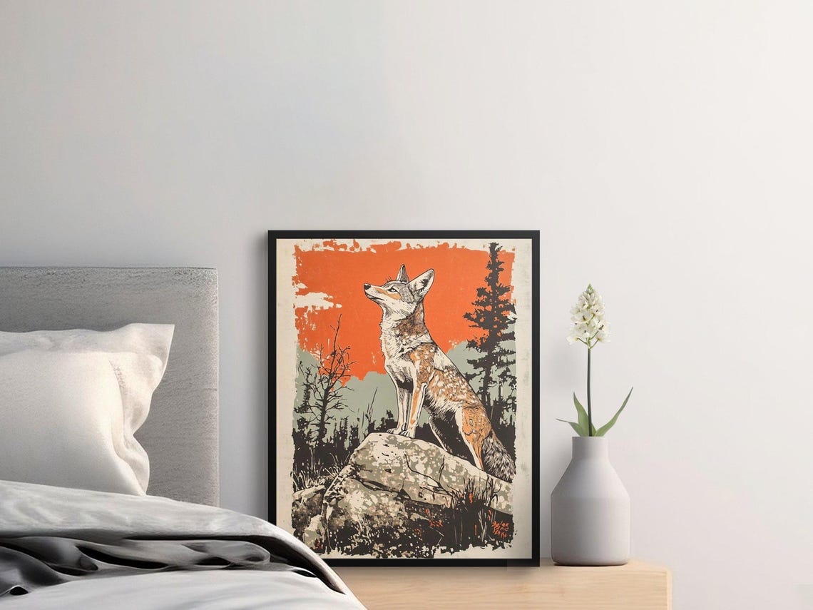 Coyote Standing On Rock Sunset Forest Retro Wilderness Wildlife Poster - Image 2