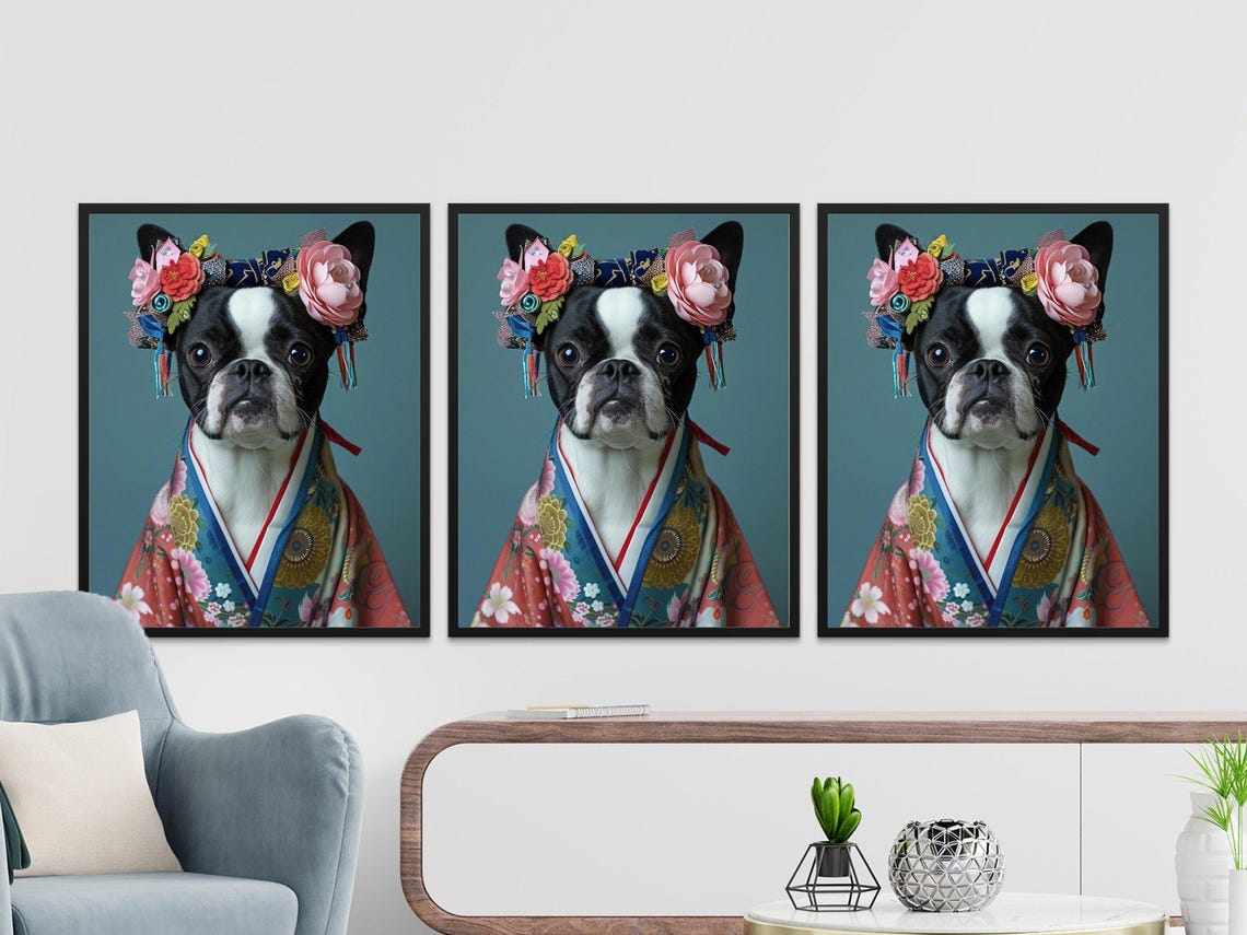 Boston Terrier Dog In Kimono Floral Headdress Japanese Poster - Image 2