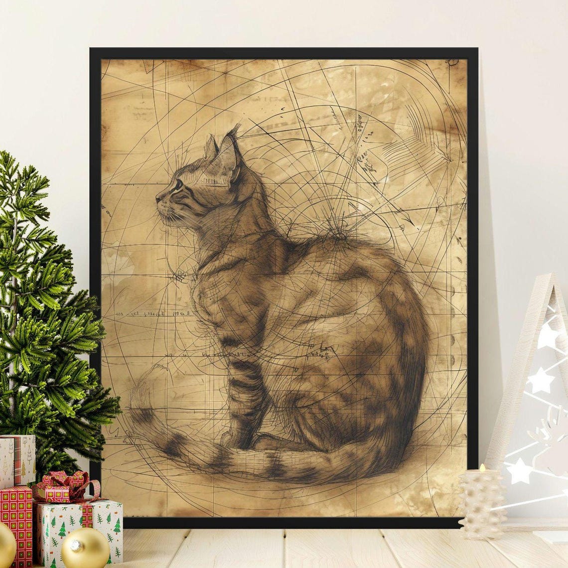 Tabby Cat Sketch on Aged Parchment With Geometry Lines Art Print