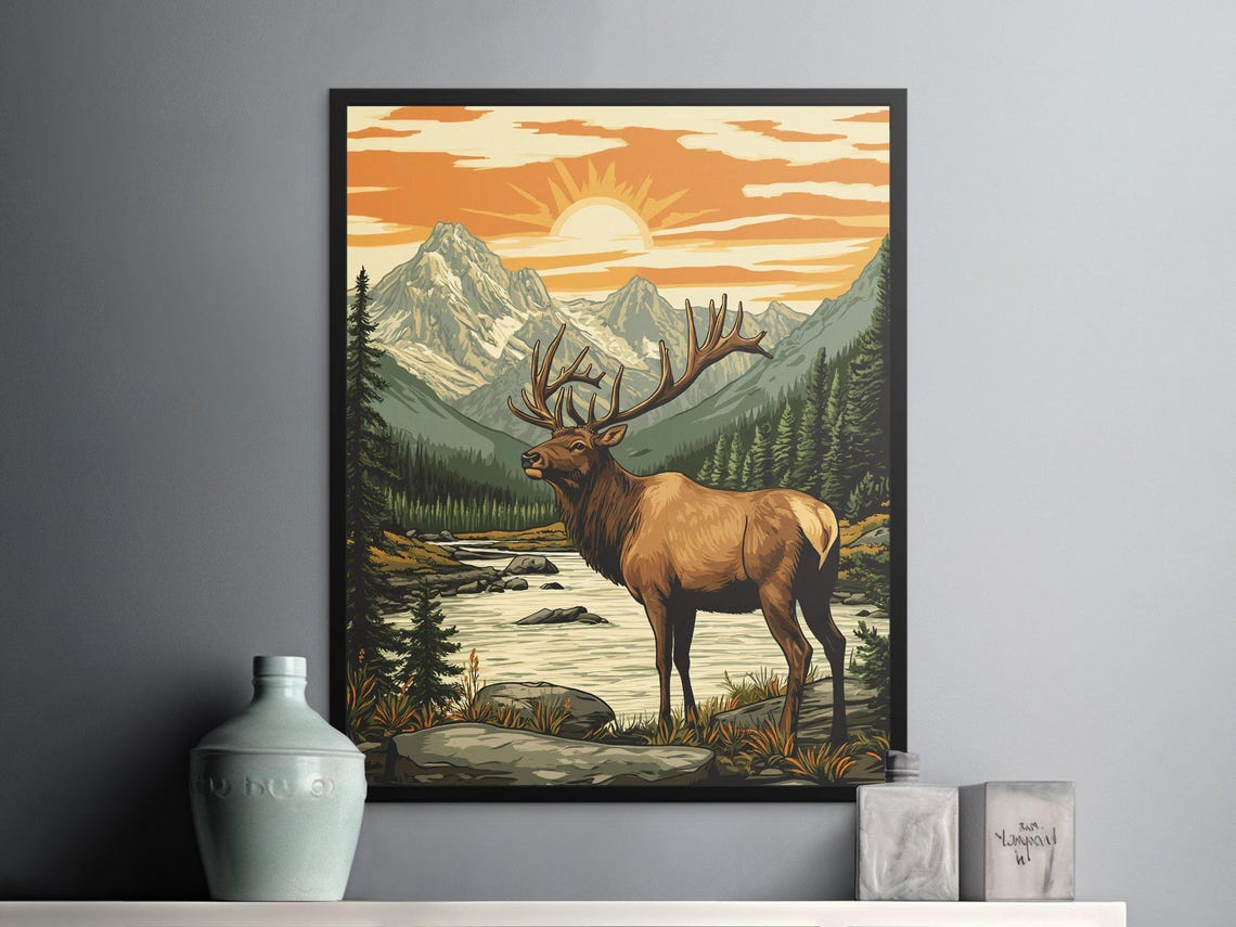 Majestic Bull Elk River Sunset Snowy Peaks Retro Wildlife Art Poster - Image 2