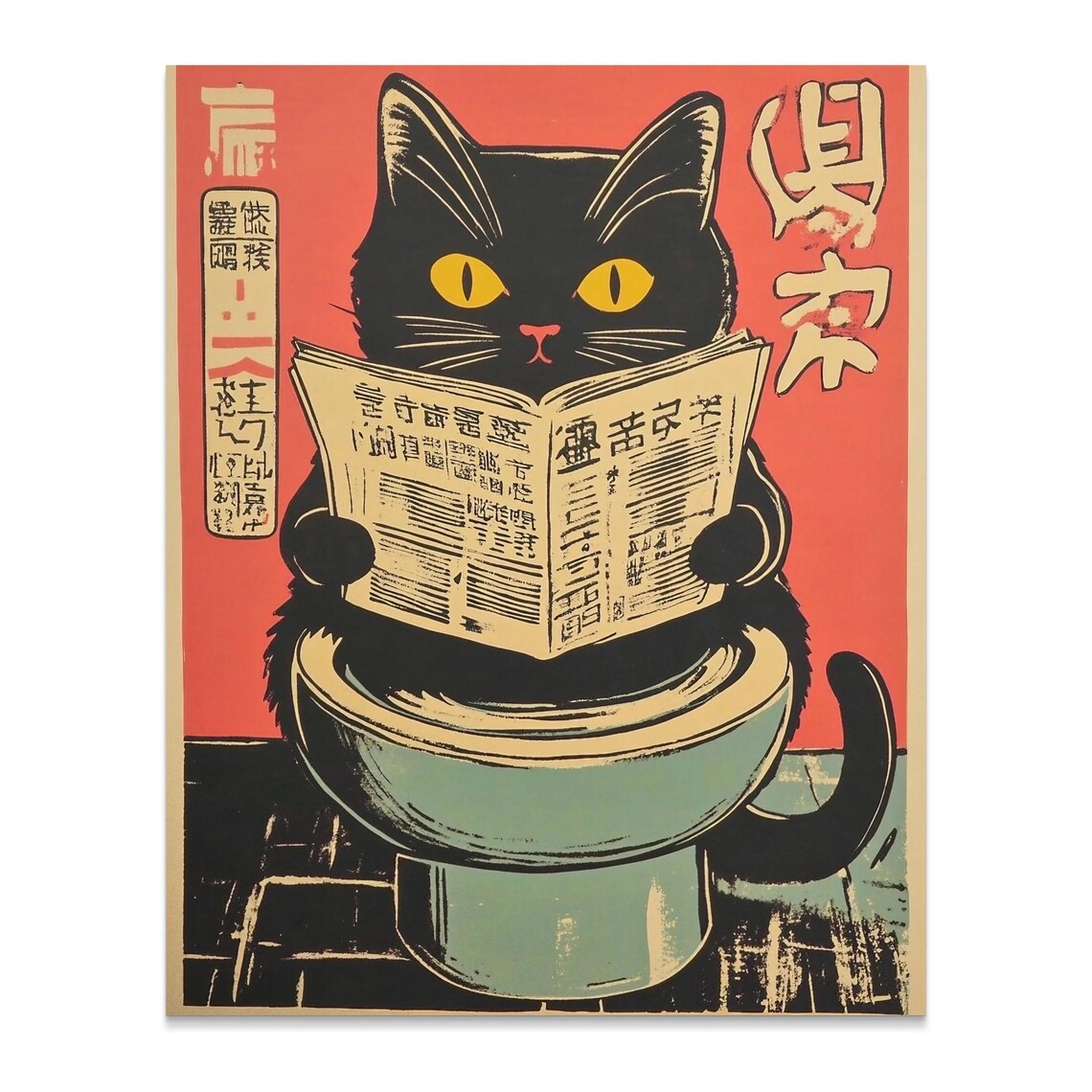 Black Cat Reading Newspaper On Toilet Funny Bathroom Wall Art Poster - Image 2