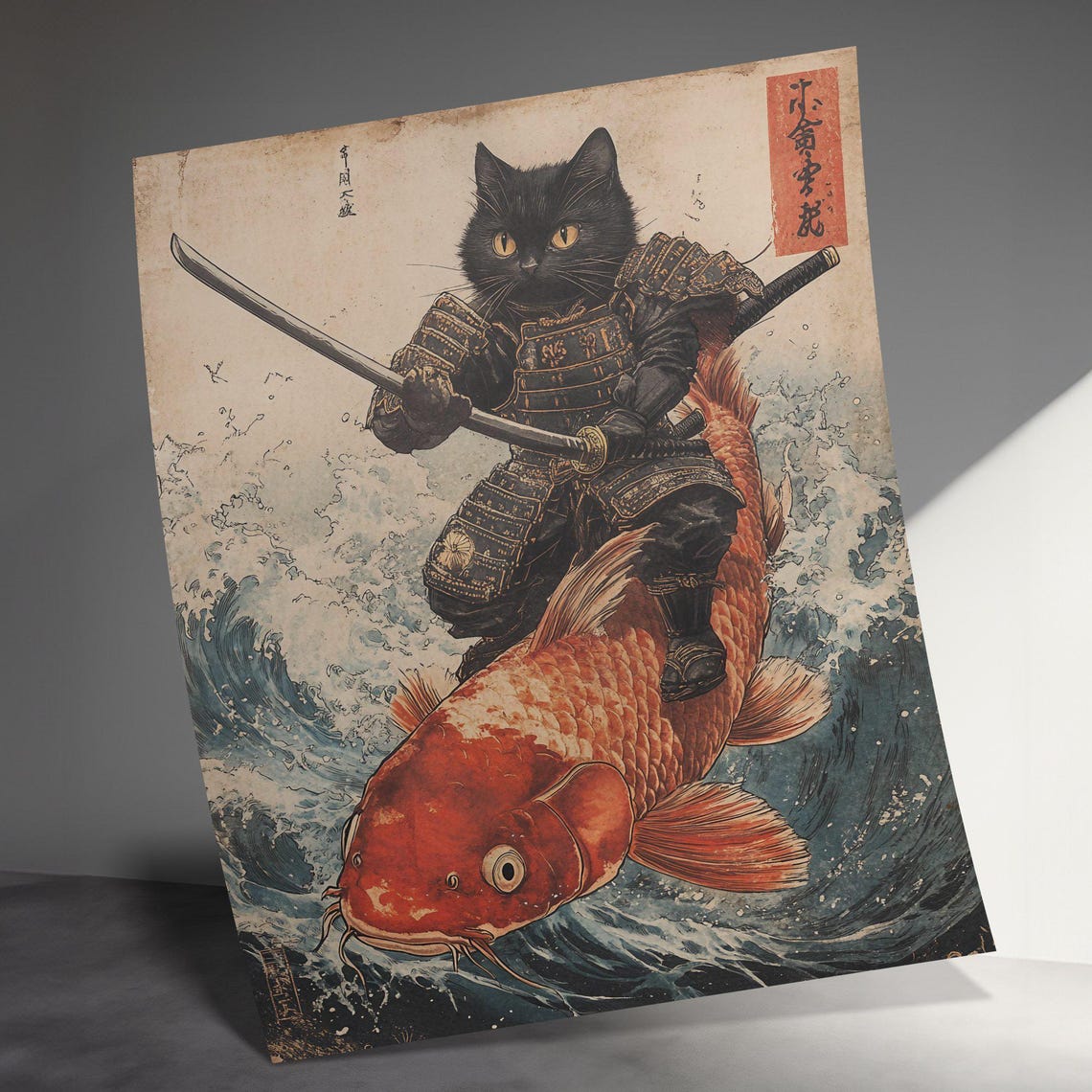 Black Samurai Cat Riding Giant Koi Fish Ukiyo E Style Poster - Image 3