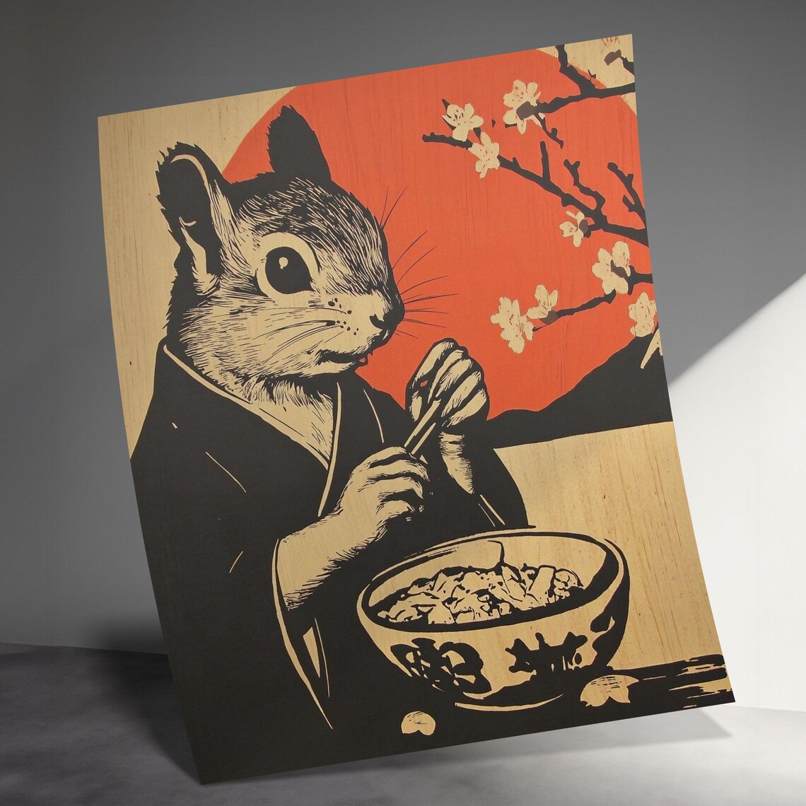 Squirrel Eating Ramen Japanese Woodblock Style Cute Kitchen Wall Art Poster - Image 3