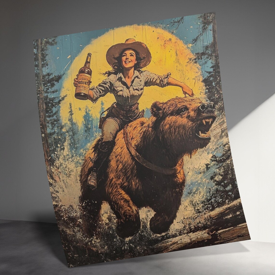 Midnight Cowgirl Riding Bear Under Full Moon Beer Toast Poster - Image 3
