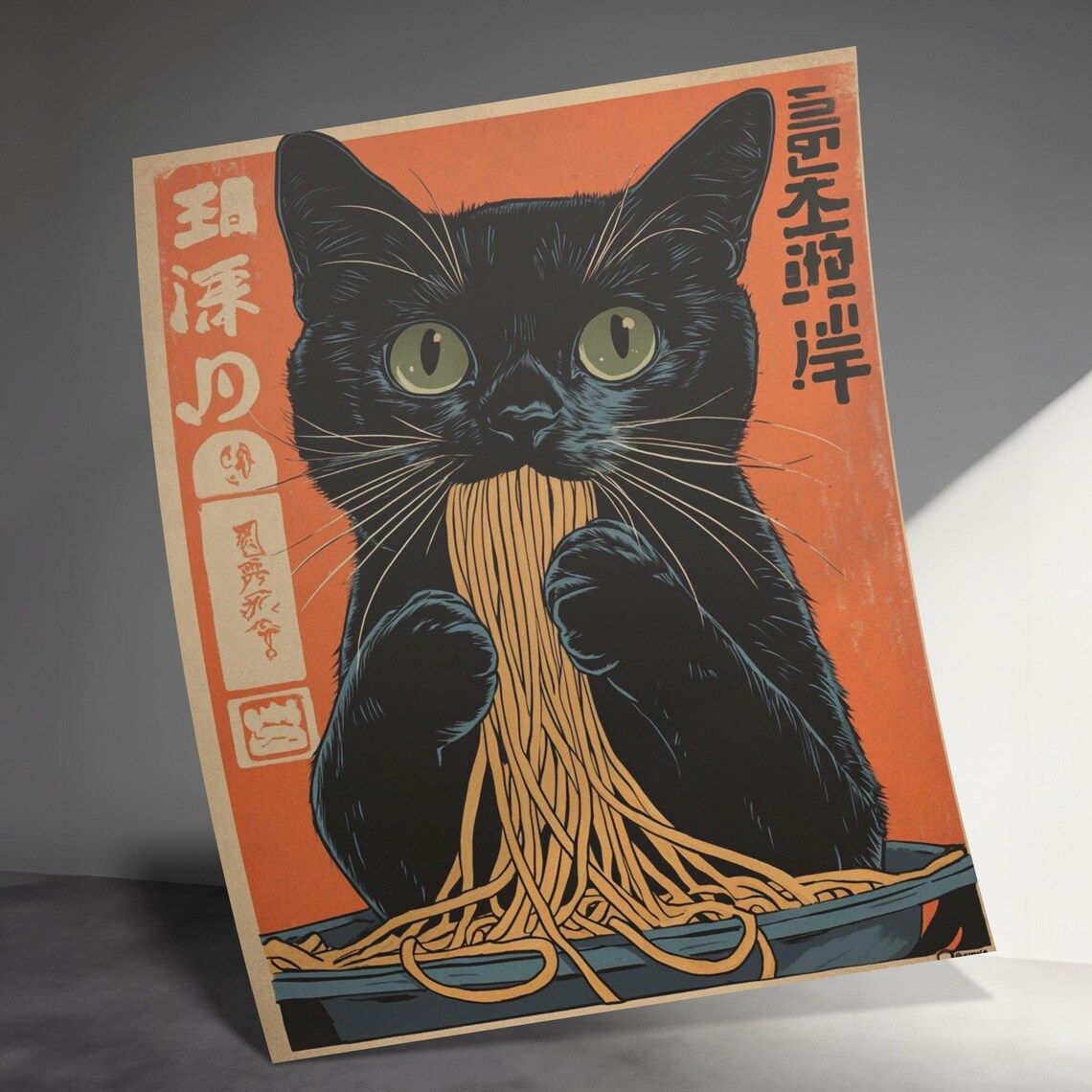 Black Cat Devouring Spaghetti Plate Orange Retro Japanese Noodle Art Poster - Image 3
