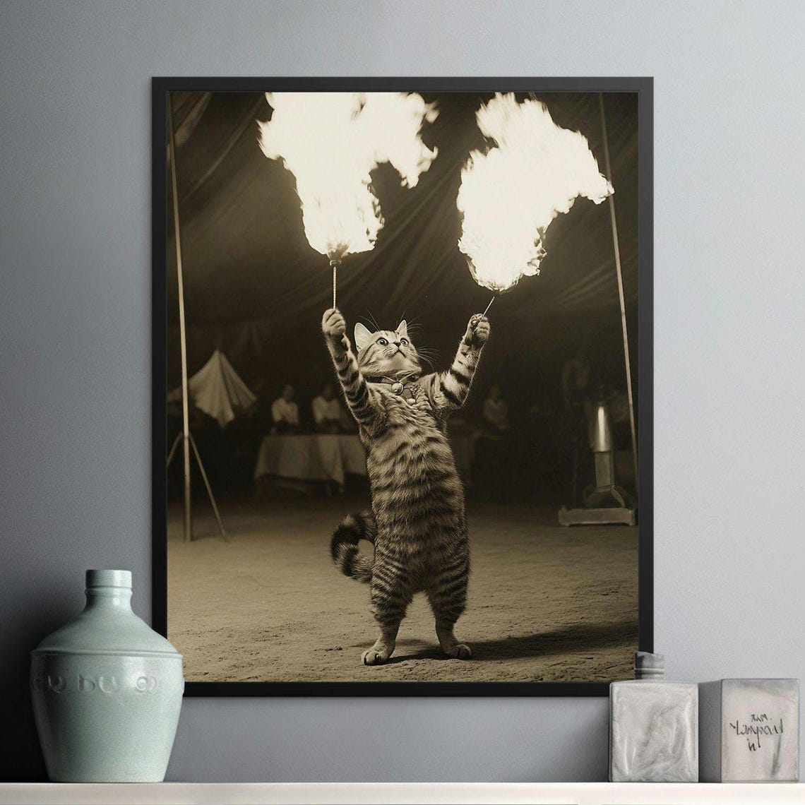 Cat Fire Juggler With Flaming Torches Circus Sepia Photo Poster