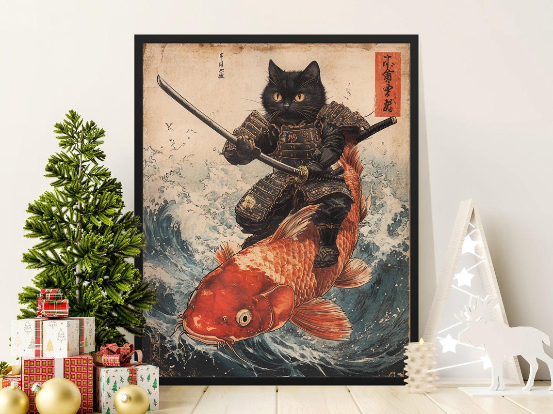 Black Samurai Cat Riding Giant Koi Fish Ukiyo E Style Poster - Image 2