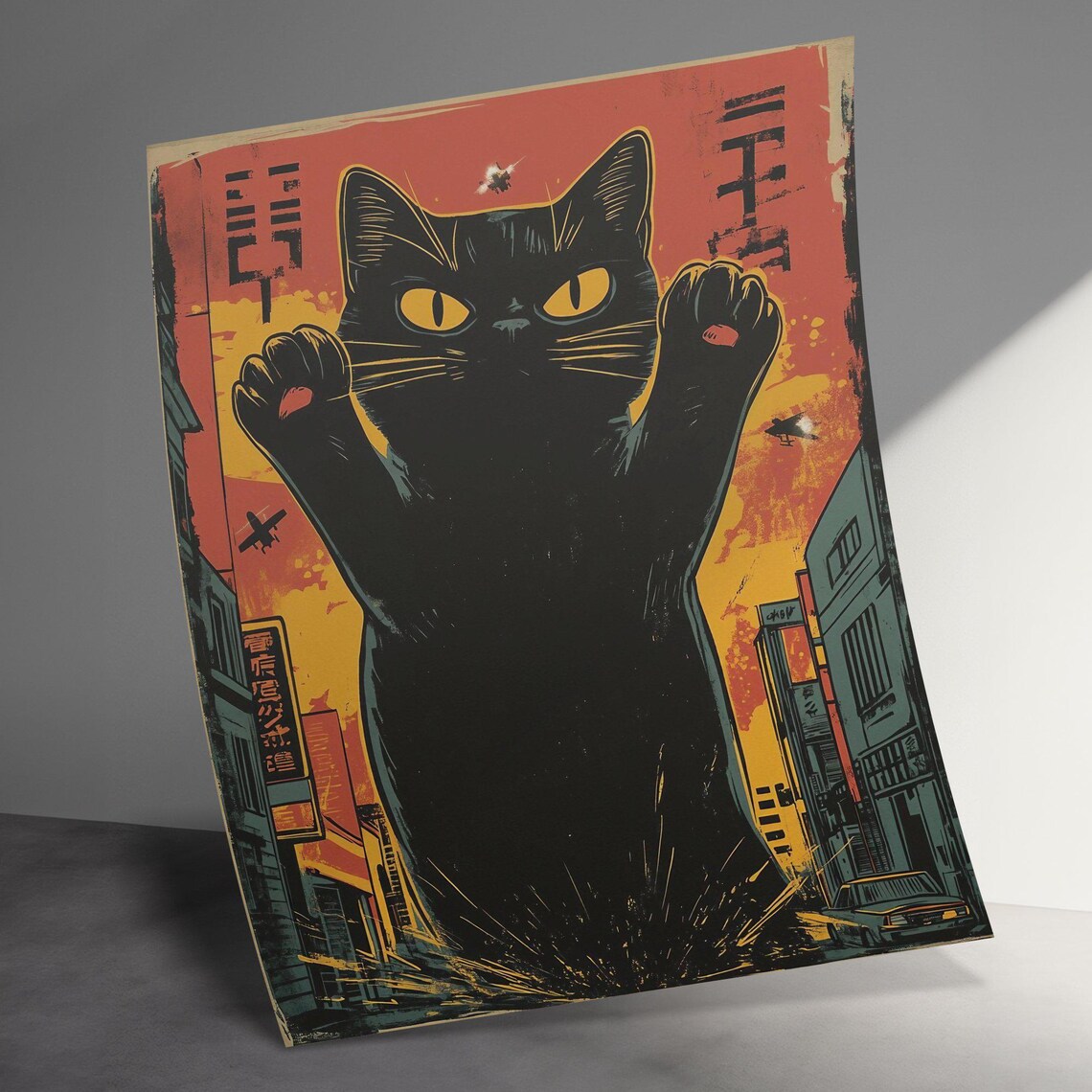 Giant Black Cat Kaiju Stomping City Street Red Vintage Japanese Art Poster - Image 3