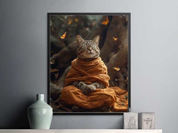 Zen Cat Meditating Orange Robe Butterflies Tranquil Nature Poster