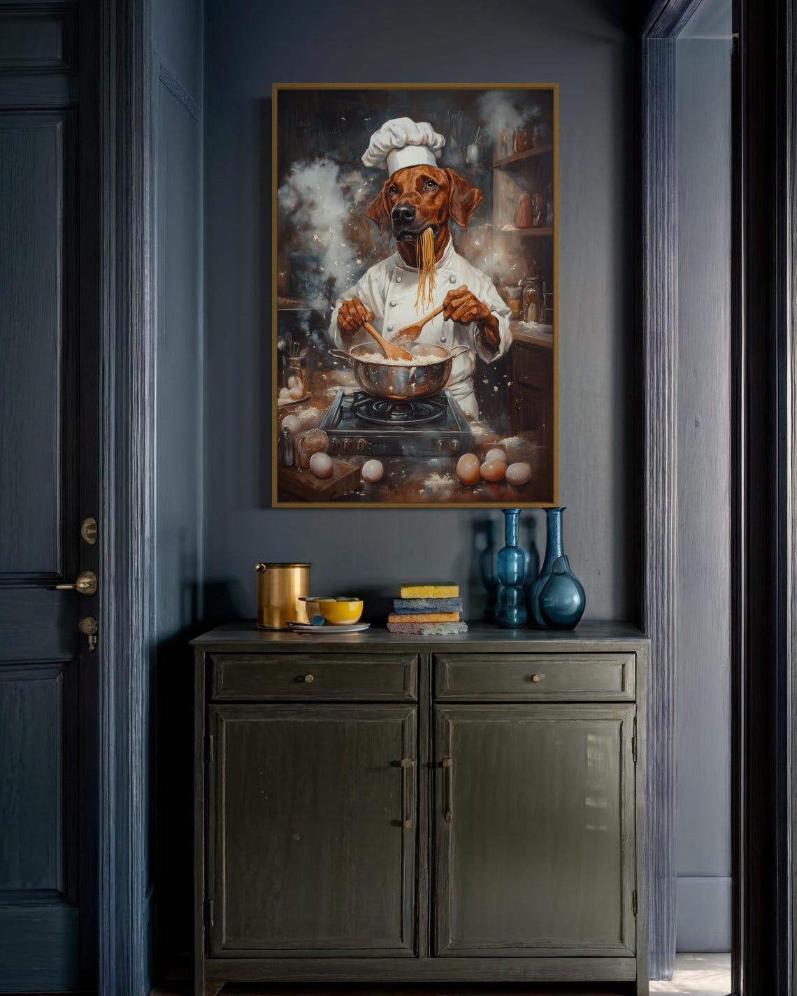 Rhodesian Ridgeback Chef Cooking Spaghetti in Rustic Kitchen Poster - Image 2