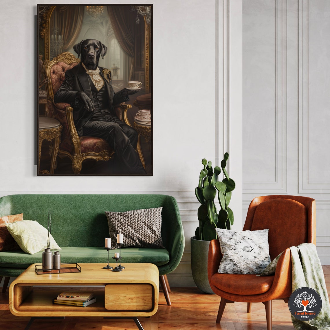 Black Labrador Gentleman in Tuxedo Holding Tea Cup Chair Poster - Image 4