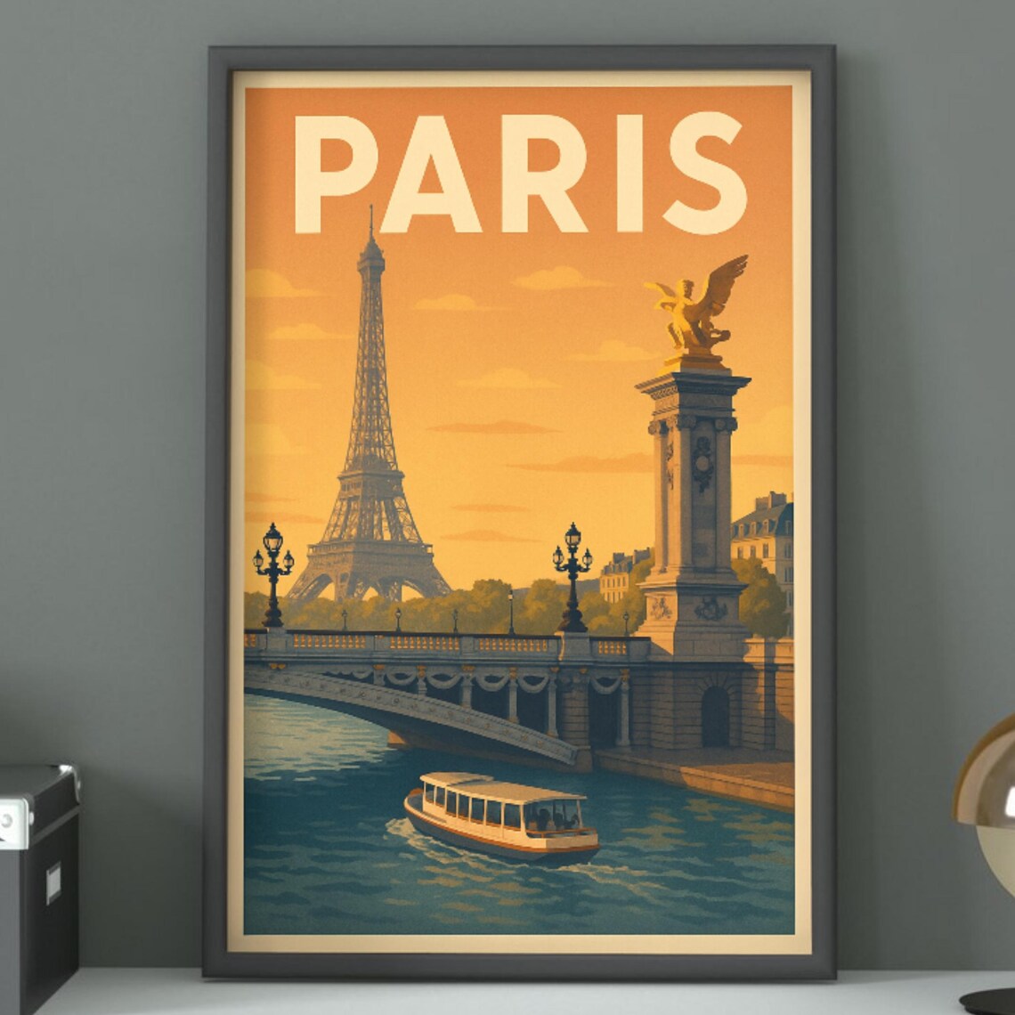 Paris Eiffel Tower Seine River Bridge France Vintage Travel Poster