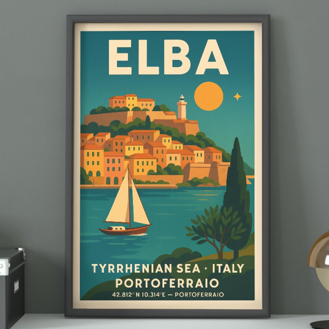 Elba Portoferraio Vintage Travel Poster Italy Harbor Sailboat Coast Scene