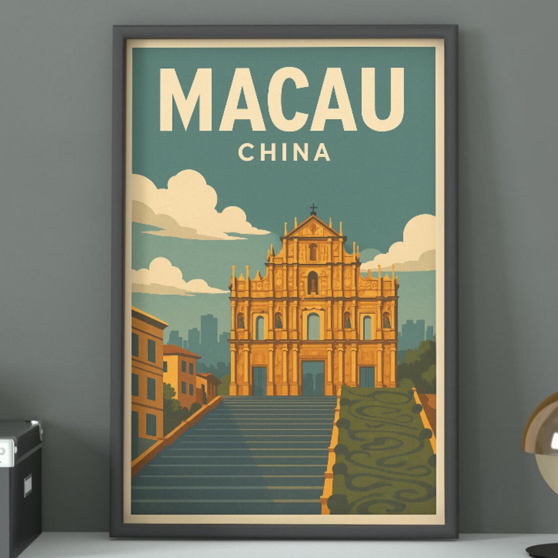 Macau China Vintage Travel Poster With Saint Pauls Ruins Facade