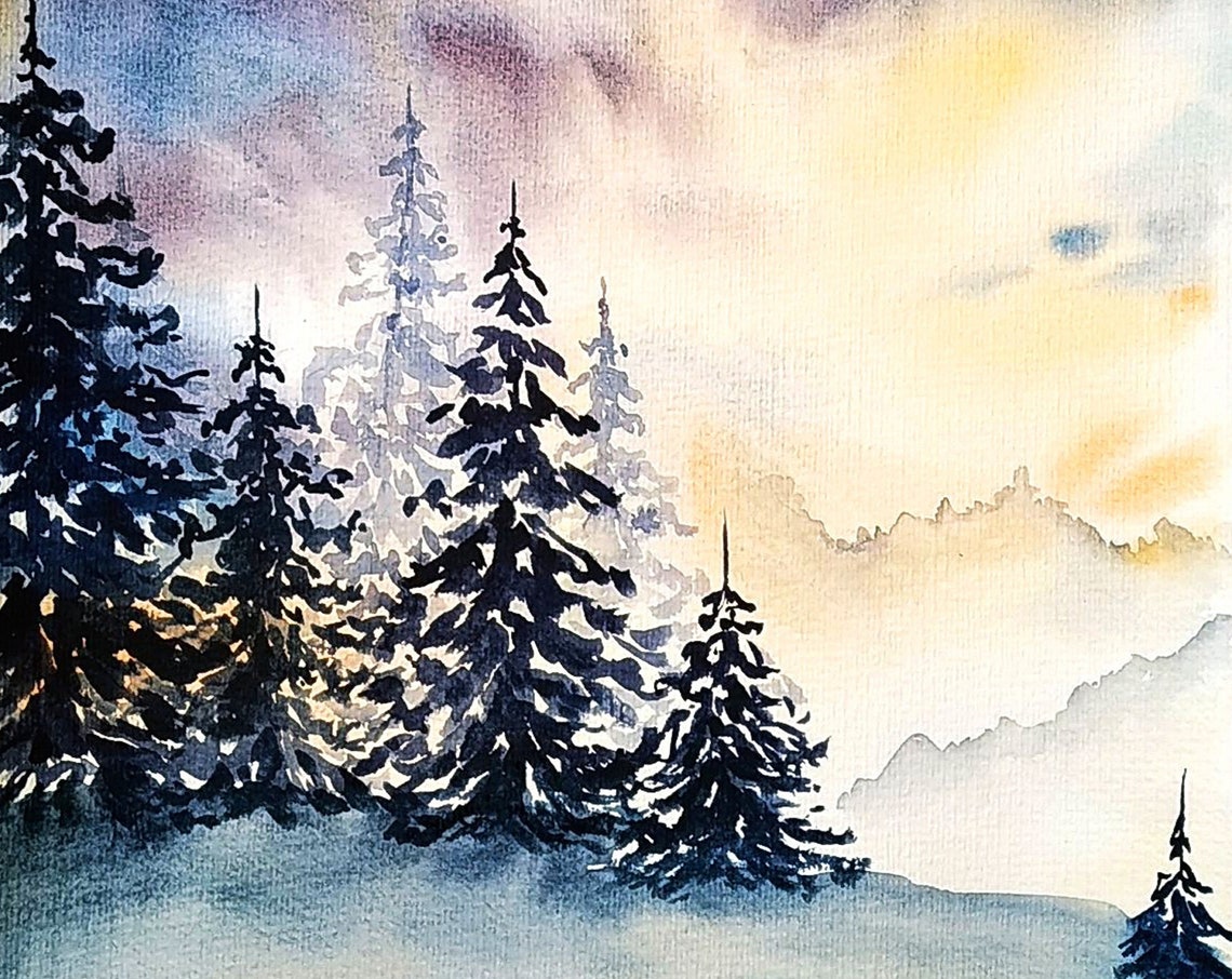 Snowy Evergreen Forest Watercolor Poster Winter Sunrise Trees