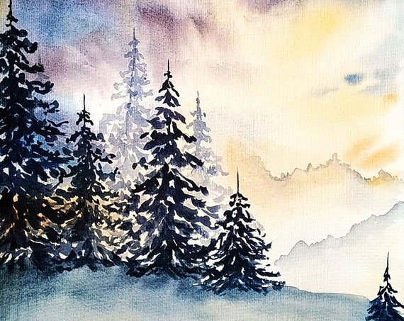 Original Landscape Watercolor Painting Winter Mountain Wall Art Forest Painting Sunset Watercolor Cloud Painting Sunrise Wall Art