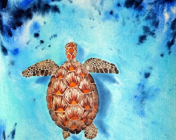Sea Turtle Swimming in Turquoise Blue Water Watercolor Ocean Poster