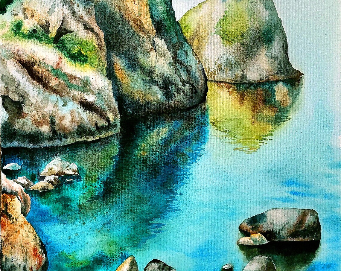 Turquoise Rocky Cove Watercolor Coastal Seascape Artwork Poster