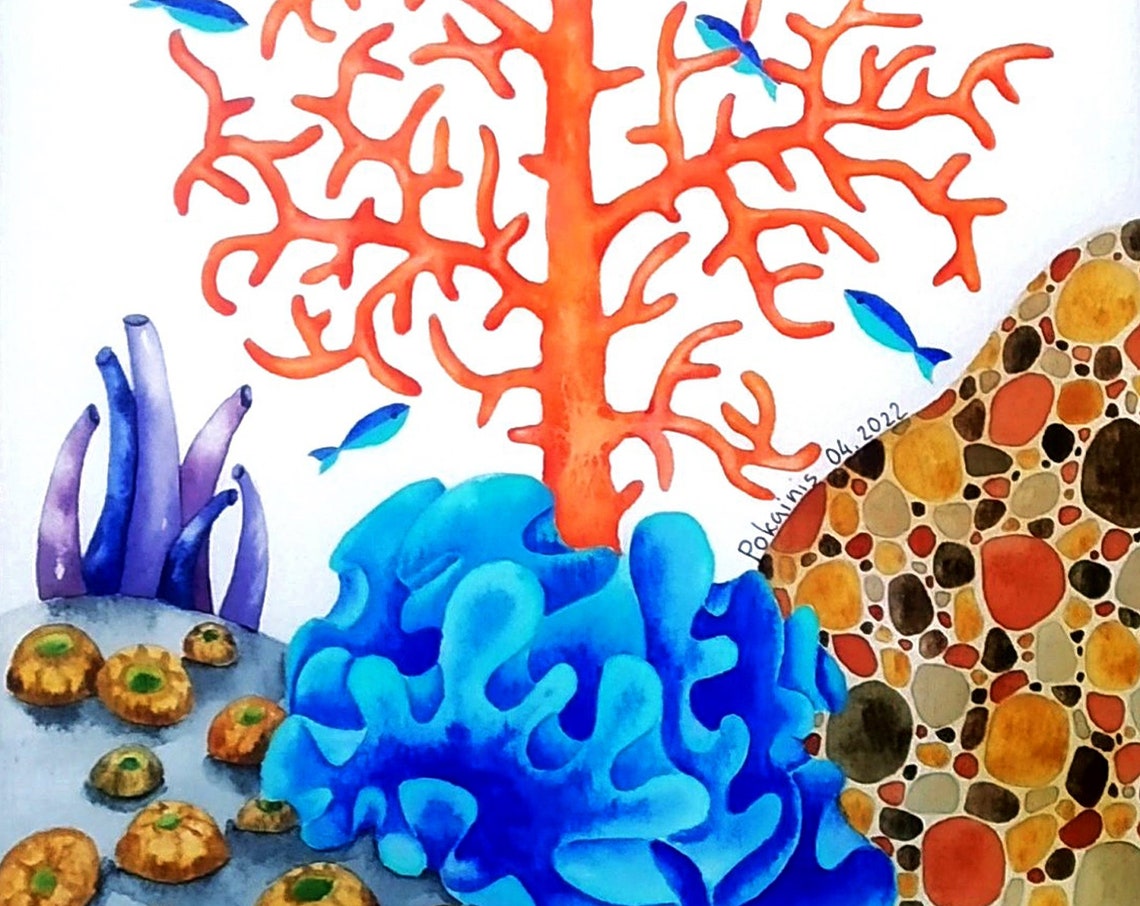 Red Branching Coral Reef with Blue Fish Watercolor Ocean Poster