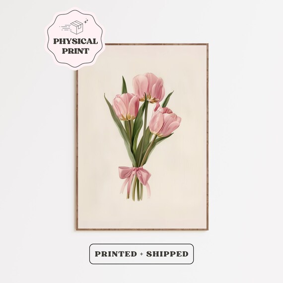 Coquette Tulips Bouquet Room Decor Pink Girly Art Y2k Cute Physical Poster Floral Blush Bow Wall
