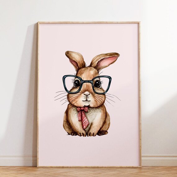 Cute Bunny With Glasses And Bow Tie Watercolor Animal Poster