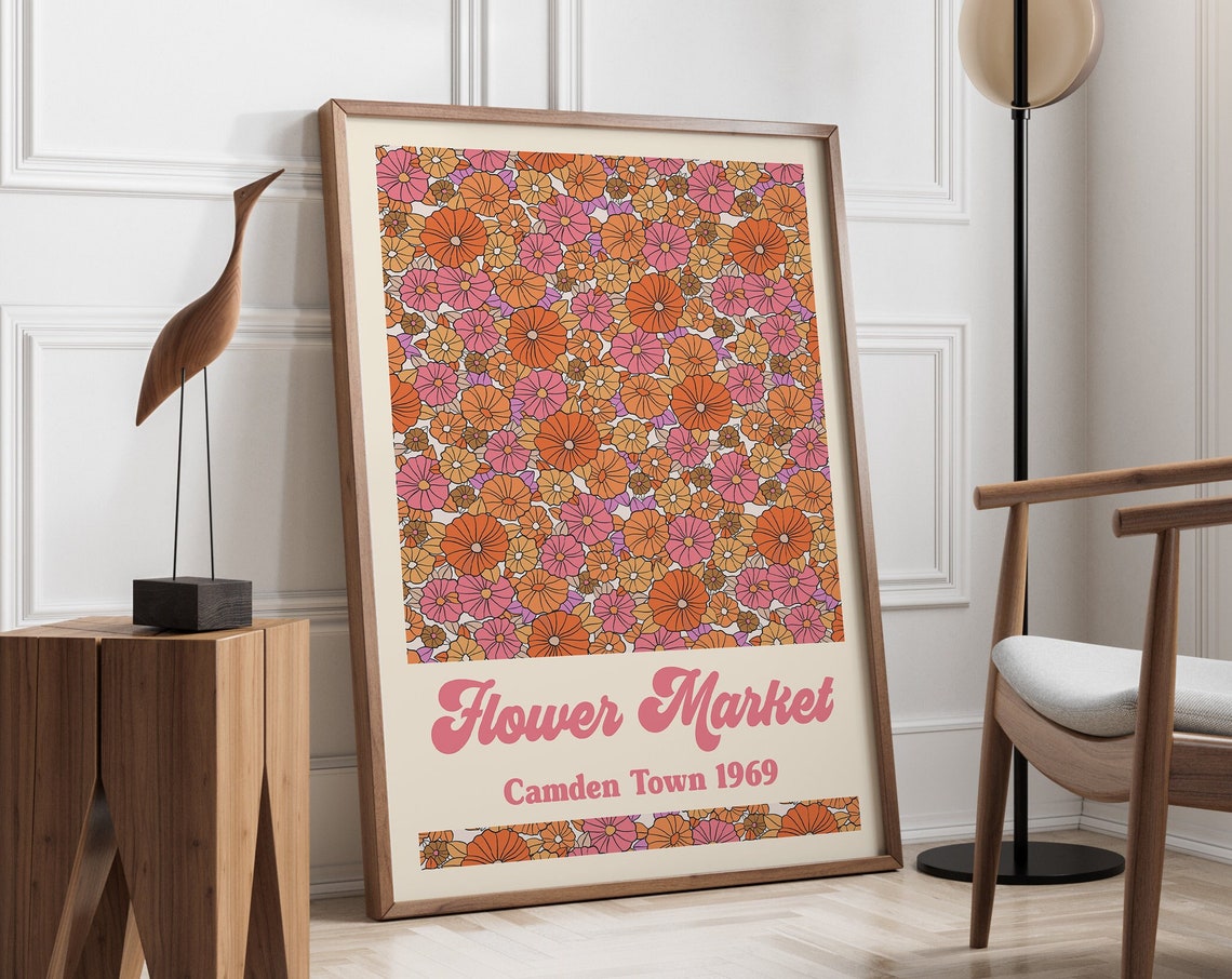 Pink Flower Market Art Print Camden Flower Market Poster Retro Wall Art Retro 60s 70s Flower Market Hippie 1970s Decor F071