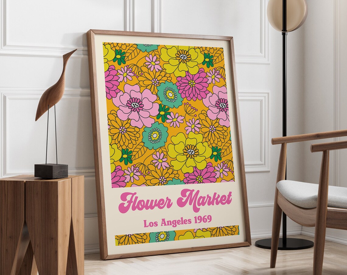 Flower Market Los Angeles 1969 Pink Yellow Retro Daisy Art Poster