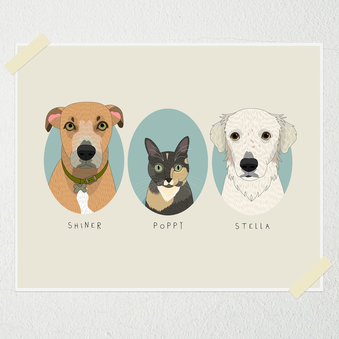 Personalized Three Pet Portrait in Oval Frames Custom Dog Cat Poster