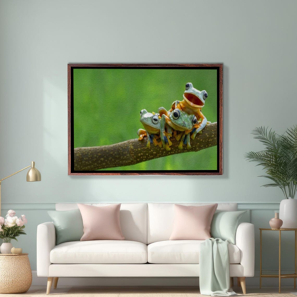 Three Tree Frogs Perched On A Branch Wildlife Photo Art Poster