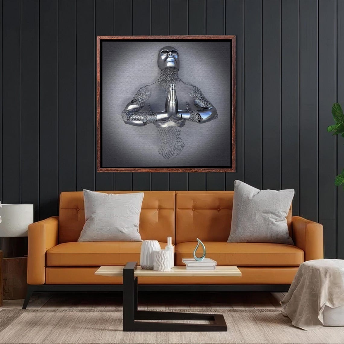 Metallic Silver Figure in Prayer Meditation Yoga Pose Poster - Image 2