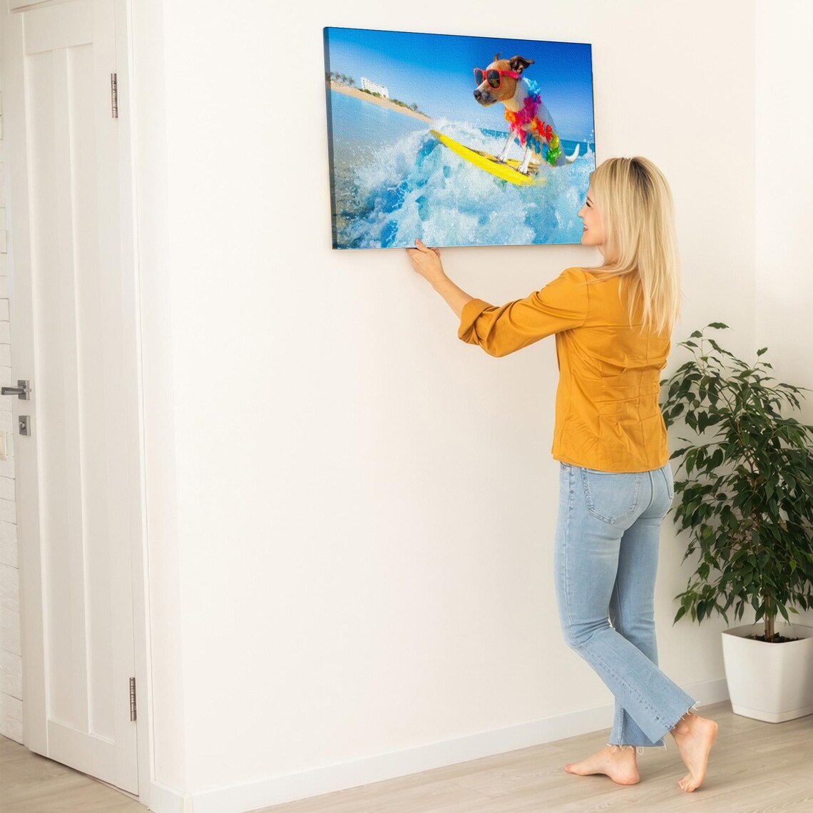 Happy Dog Surfing a Big Ocean Wave with Sunglasses and Lei Poster - Image 5