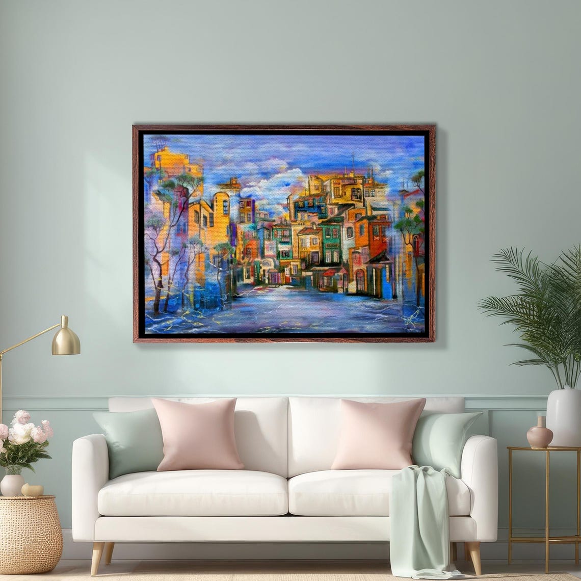 Colorful Mediterranean Old Town Harbor Waterfront Cityscape Poster