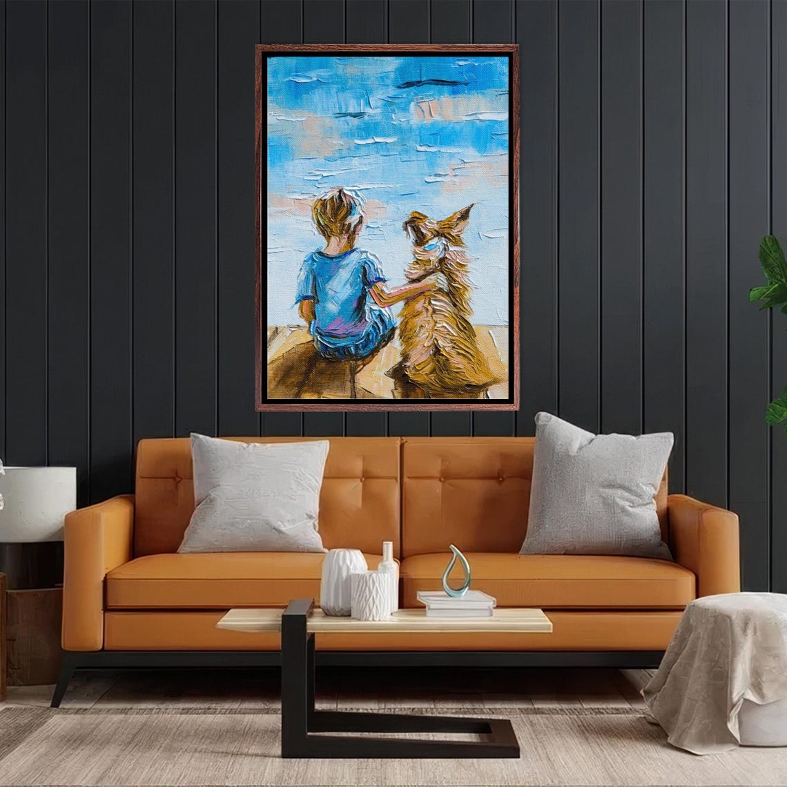 Child And Dog Sitting Together By The Lake Oil Painting Style Poster - Image 2