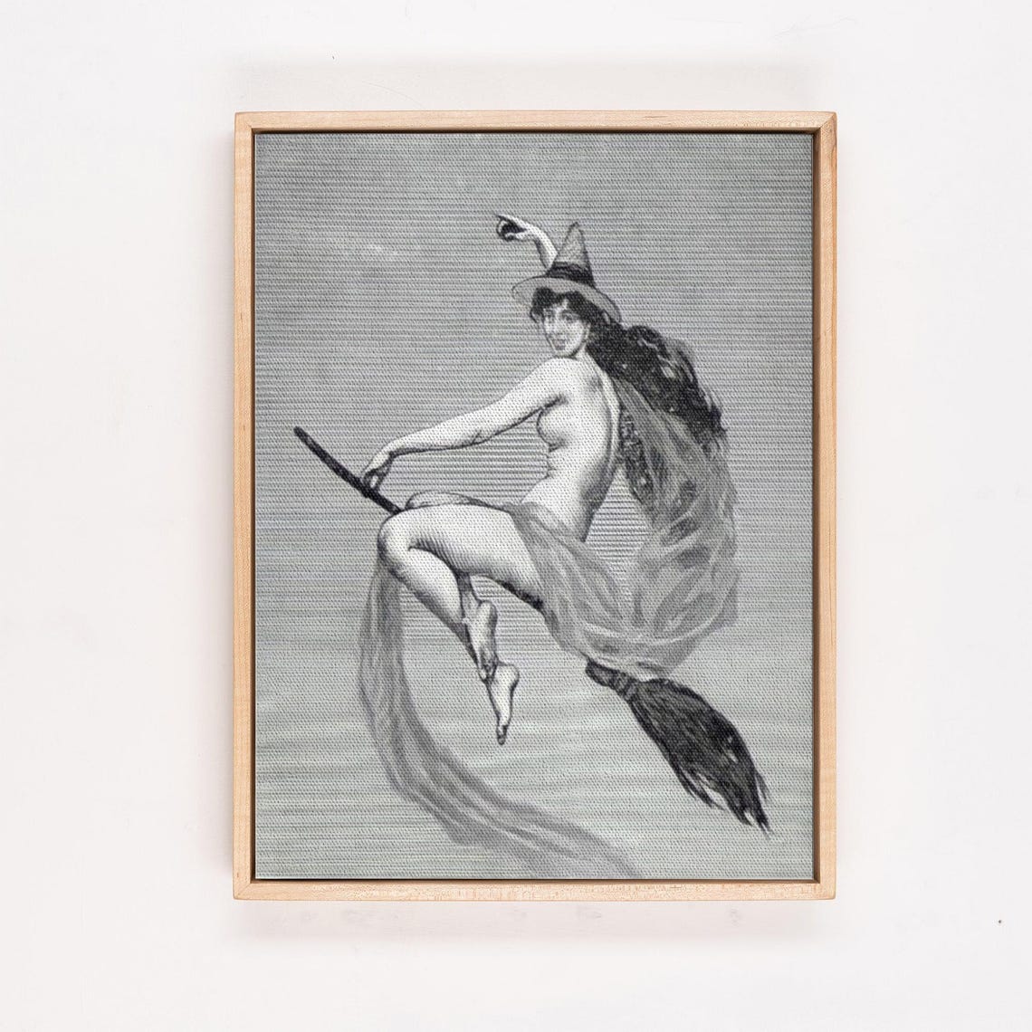 Vintage Witch on Broomstick Black and White Engraving Poster - Image 4