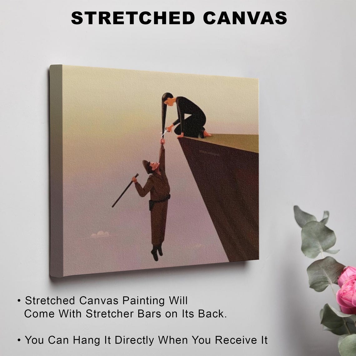 Woman Pulling Man Up From Cliff Edge Surreal Minimalist Art Poster - Image 3