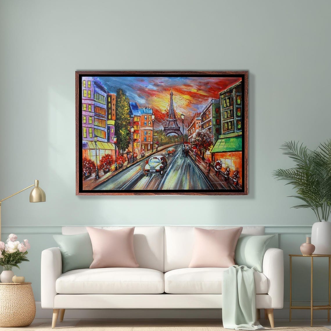 Paris Street at Sunset with the Eiffel Tower Glowing Ahead Poster