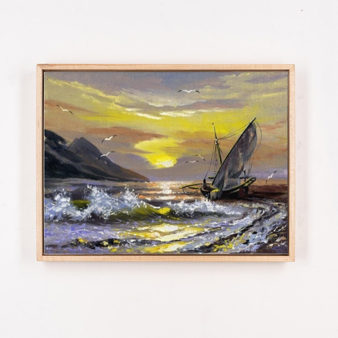 Sailboat On Ocean Waves At Golden Sunset Seascape Painting Poster - Image 4