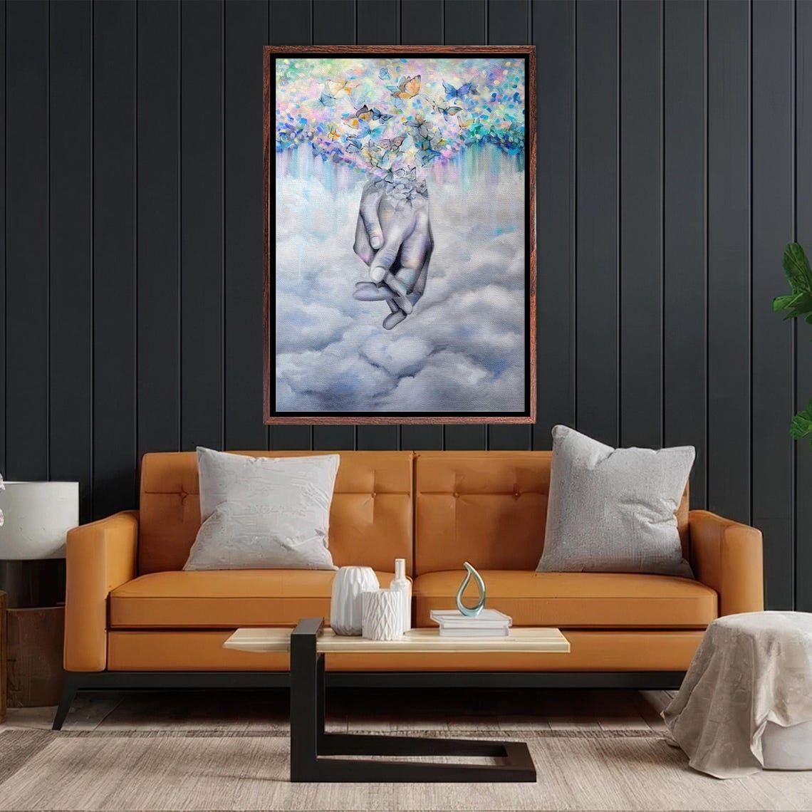 Surreal Cupped Hands Releasing Butterflies From Cloudy Sky Poster - Image 2