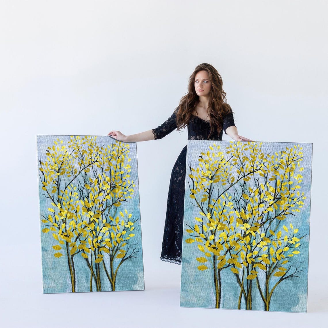 Yellow Leafed Birch Trees Painting on Blue Background Poster - Image 5