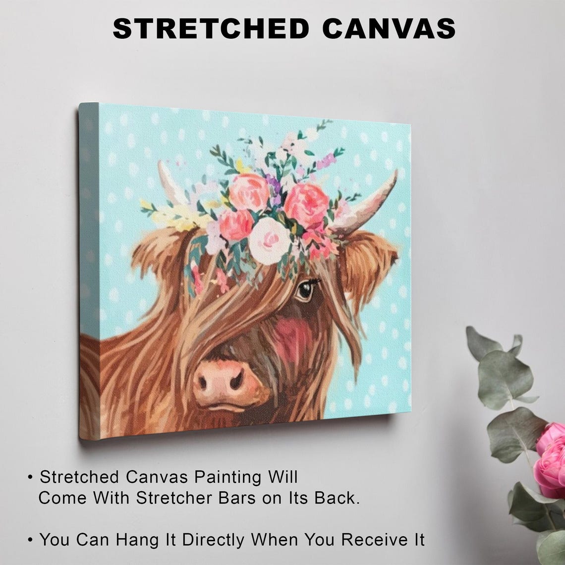 Highland Cow With Pink Flower Crown On Teal Background Poster - Image 3